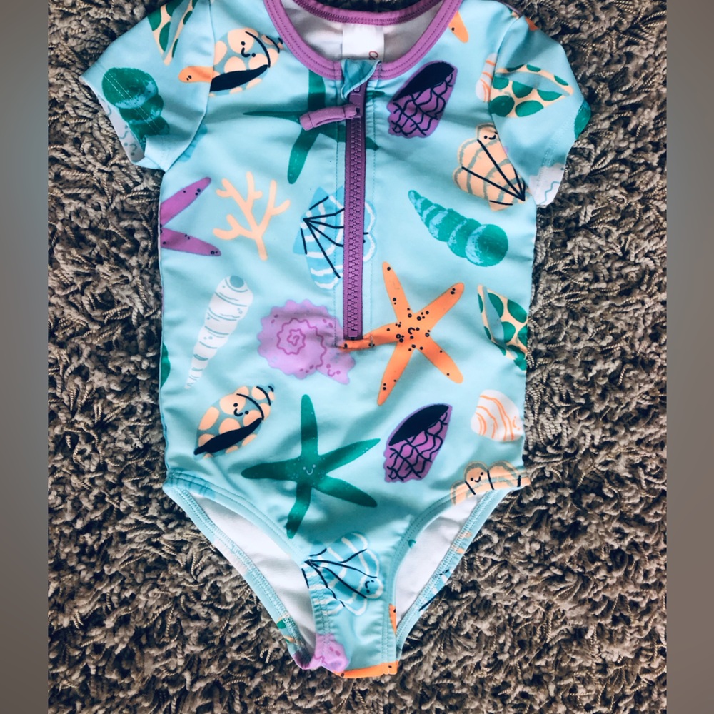 Sea Life Front-Zip One-Piece Swimsuit - Aqua Size 2T